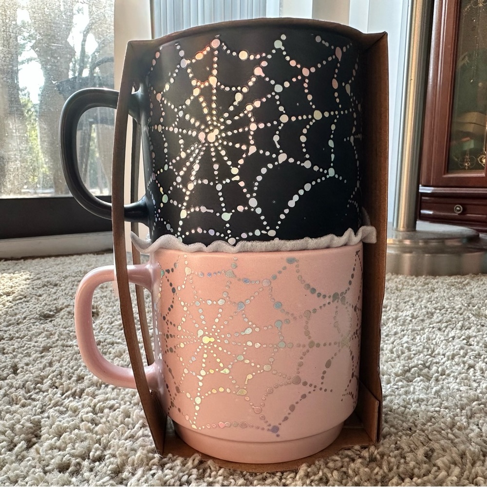 Set of Two Coffee / Tea Pink Black Mugs Holographic Spider Webs - Picture 2 of 7